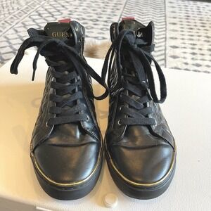 Guess GMMELO Mens Black Quilted High Top Sneakers Gold Trim Red Sole Size 9